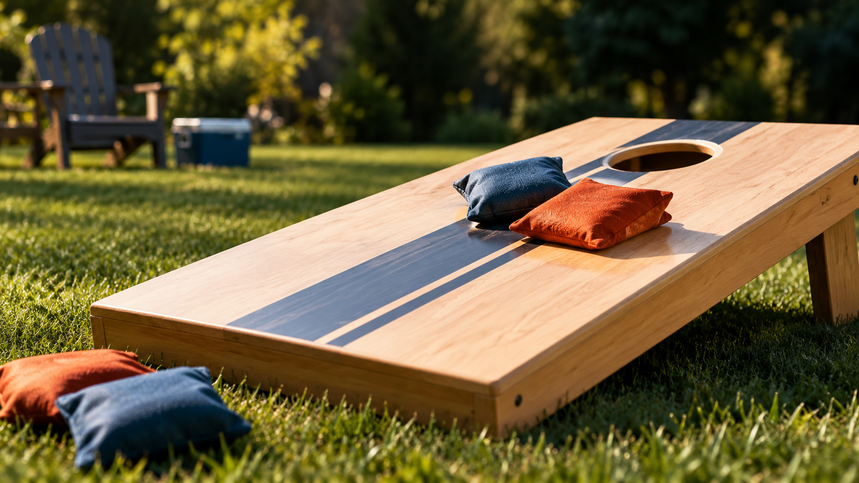 Cornhole board with orange and navy bags set up on a sunny backyard lawn