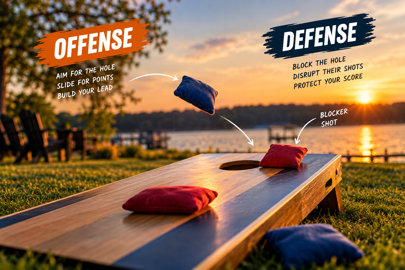 Offensive and defensive cornhole strategies illustrated with a scoring shot and blocker bag on a board at sunset