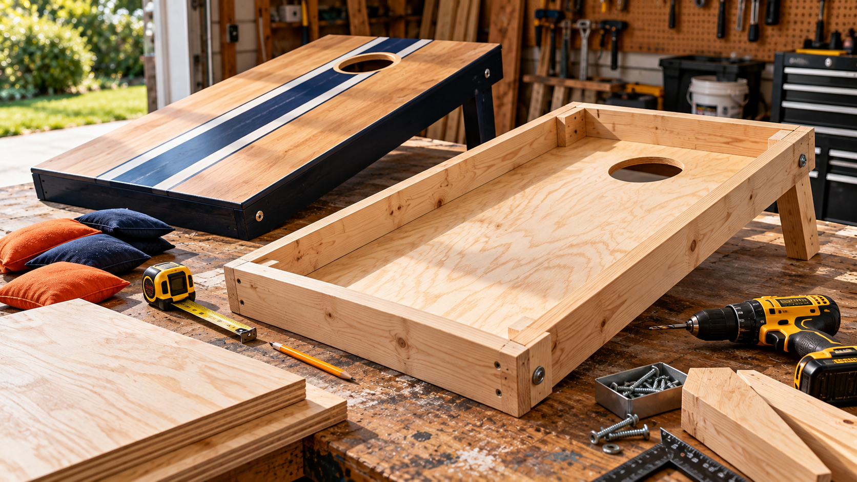 DIY cornhole boards being built in a woodworking workshop with plywood, measuring tape, drill, and folding legs