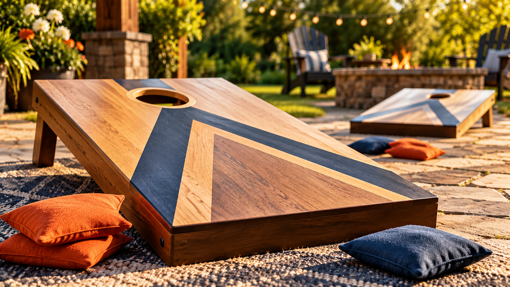 Wooden cornhole boards and orange and navy bean bags arranged on an outdoor patio