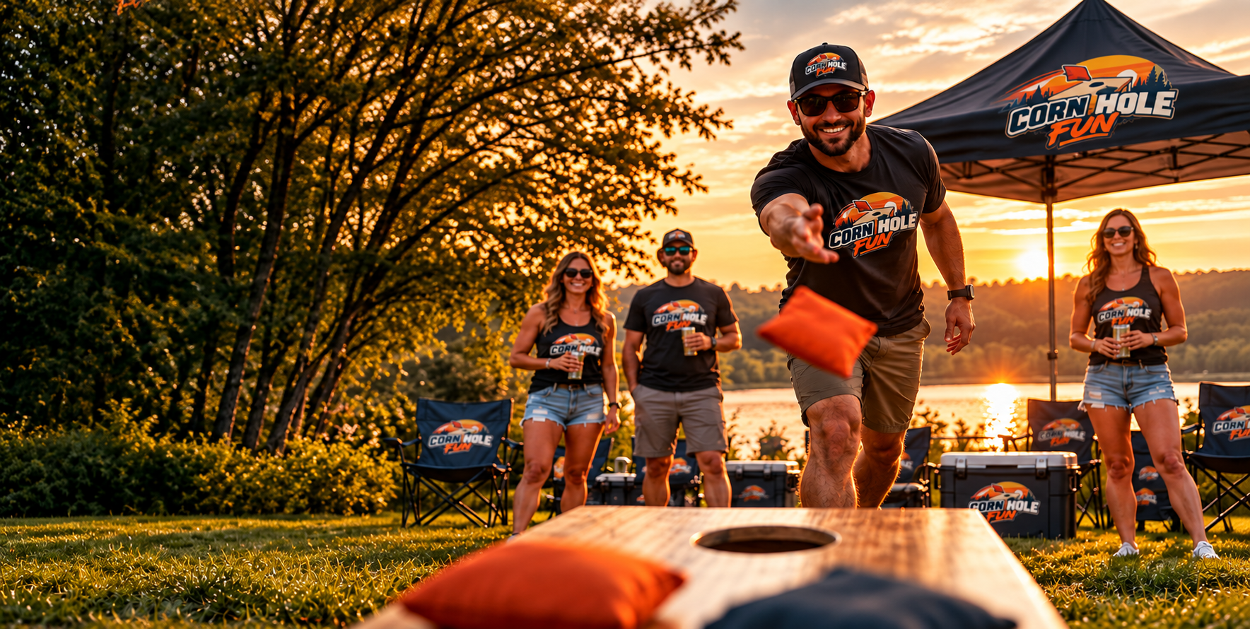 Cornhole boards set up outdoors