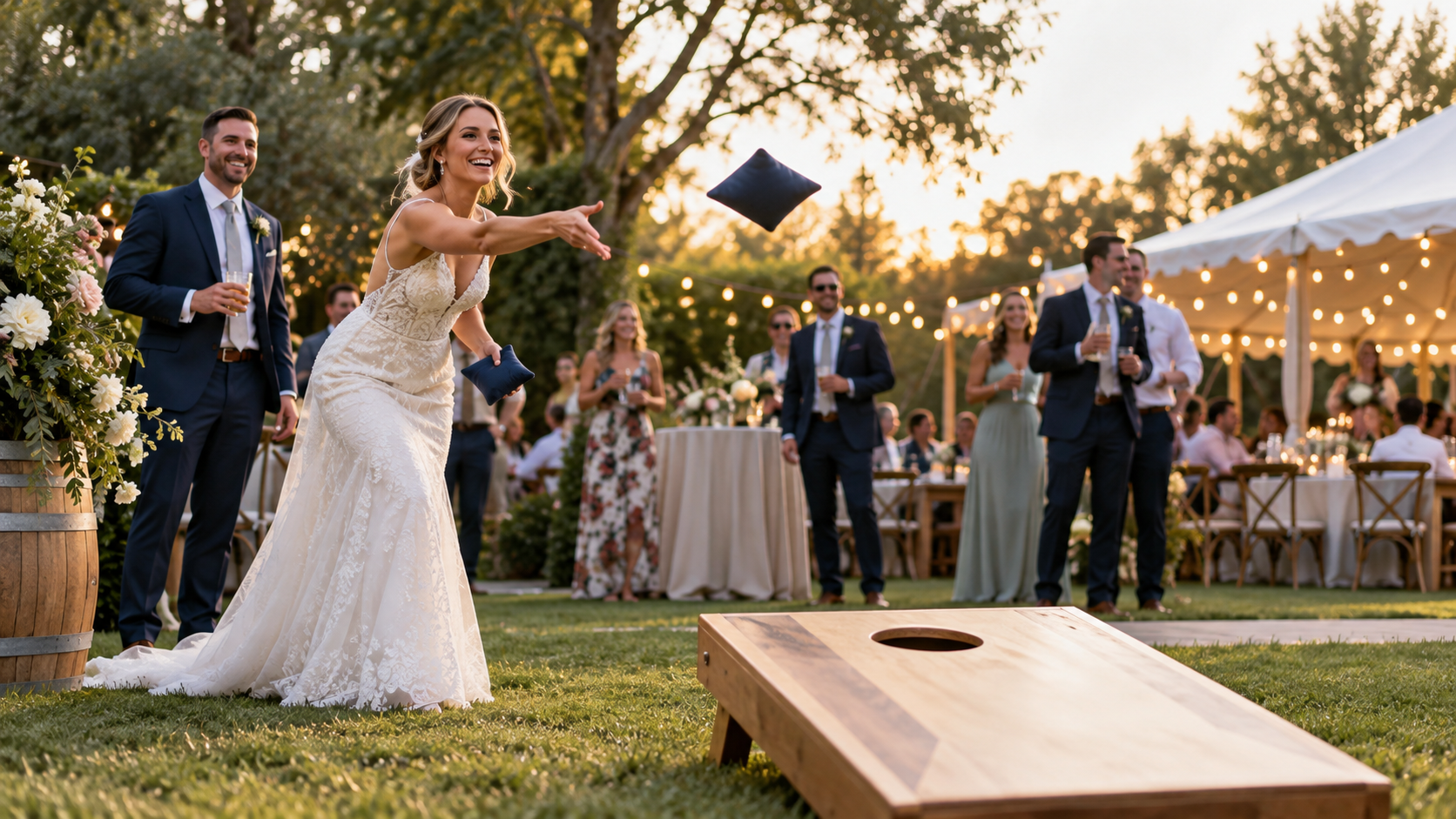 People enjoying a cornhole game outdoors
